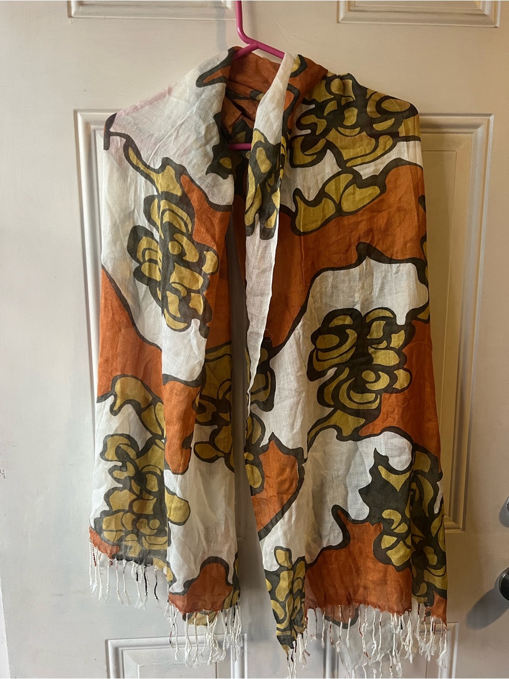 Floral Pattern Lightweight Wrap Scarf in White, Orange & Olive